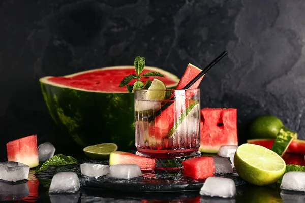 Glass Fresh Watermelon Lemonade Lime Mint Black Background — Stock Photo, Image
