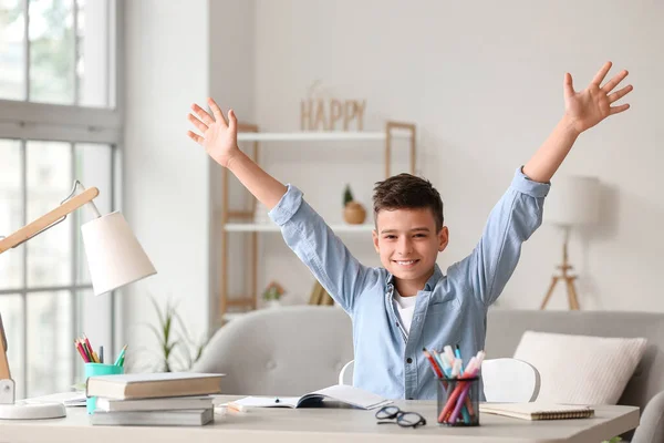 Happy Little Boy Doing Lessons Home — Stock Photo, Image