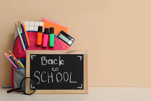 School Backpack Different Stationery Blackboard Text Back School White Table — Stock Photo, Image