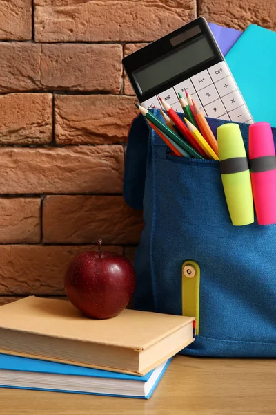 Blue School Backpack Different Stationery Fresh Apple Wooden Table Brown — Stock Photo, Image