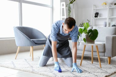 Erkek hademe oturma odasında fırçayla halı temizliyor.