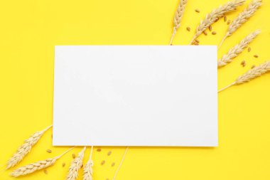 Sarı arka planda buğday kulaklı ve tahıllı boş kart