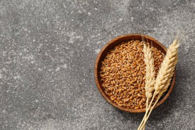 Buğday kulaklı ahşap kase ve grunge masasında tahıllar.