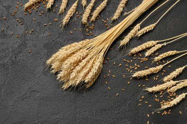 Siyah grunge masasında buğday başakları ve tahıllar