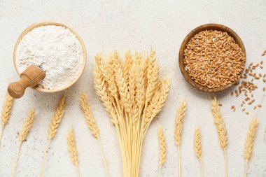 Gri arka planda buğday unu, tahıl ve dikenli kaseler