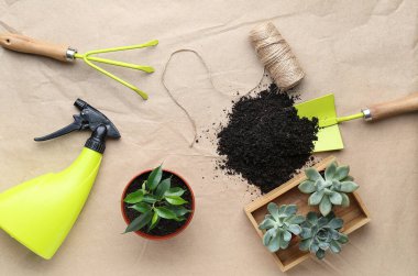 Bahçe aletleri ve bitkiler kağıt arka planda