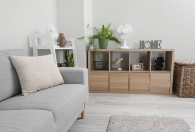 Aydınlık oturma odasının içinde saat, ev bitkisi ve raflarda modern yelpaze var.