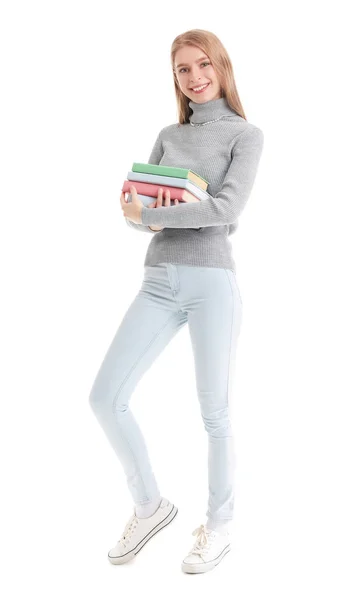 Young Woman Books White Background — Stock Photo, Image