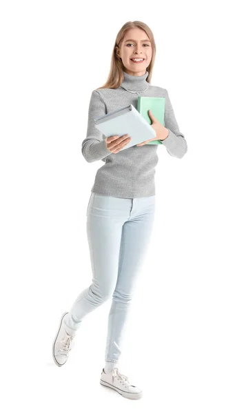 Young Woman Books White Background — Stock Photo, Image