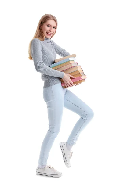 Giovane Donna Con Libri Sfondo Bianco — Foto Stock