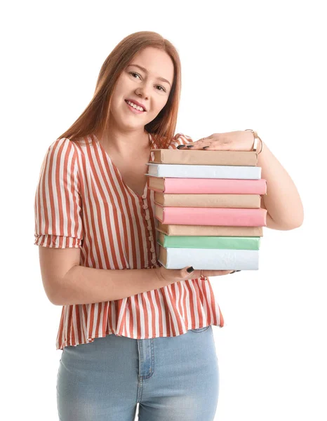 Adolescente Avec Pile Livres Sur Fond Blanc — Photo