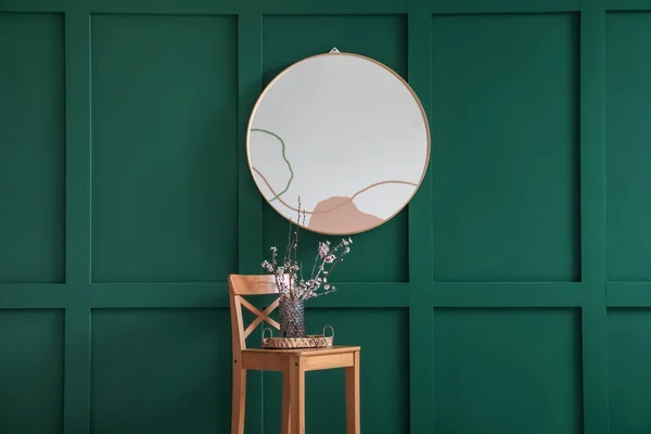 Vase Blooming Branches Stool Mirror Room — Stock Photo, Image