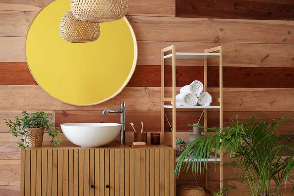 Interior Stylish Bathroom Wooden Cabinet Sink Mirror — Stock Photo, Image