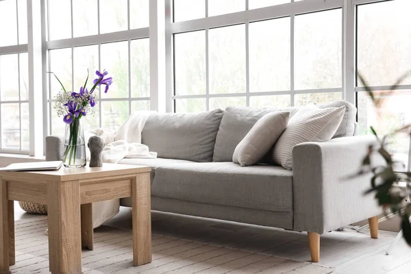Interior Light Living Room Grey Sofa Big Window — Stock Photo, Image