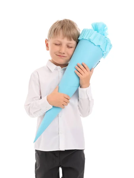 Băiețel Con Albastru Școală Izolat Fundal Alb — Fotografie, imagine de stoc