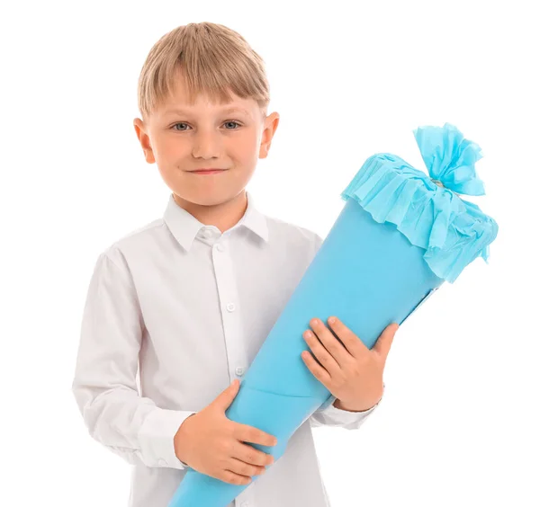 Kleine Jongen Met Blauwe School Kegel Geïsoleerd Witte Achtergrond — Stockfoto