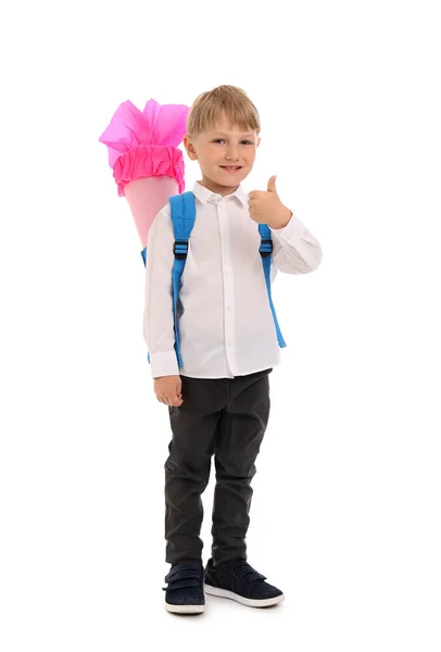 Mały Chłopiec Plecakiem Różowym Stożkiem Szkolnym Pokazuje Gest Kciuka Górę — Zdjęcie stockowe