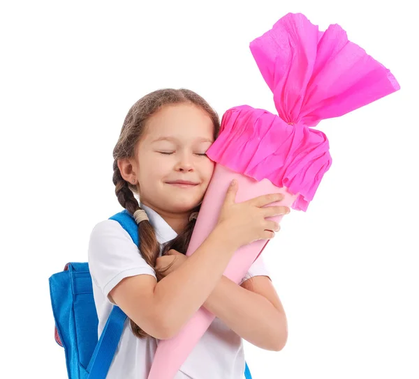 Little Girl Backpack Pink School Cone Isolated White Background — Stock Photo, Image