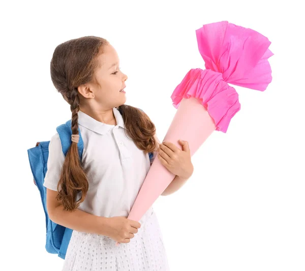 Klein Meisje Met Rugzak Roze Schoolkegel Geïsoleerd Witte Achtergrond — Stockfoto