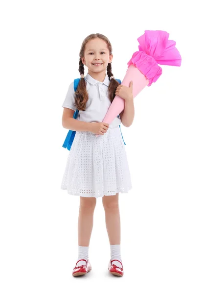 Kleines Mädchen Mit Rucksack Und Rosa Schultüte Auf Weißem Hintergrund — Stockfoto