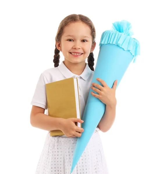Gelukkig Klein Meisje Met Blauwe School Kegel Boek Geïsoleerd Witte — Stockfoto