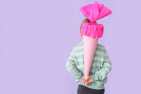 Little Boy Pink School Cone Lilac Background Back View — Stock Photo, Image