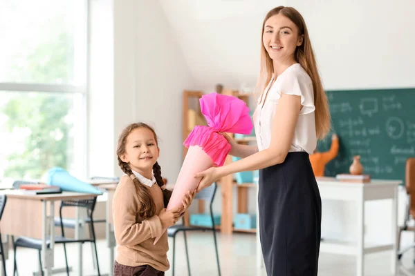 Happy Little Girl Pink School Cone Teacher Classroom — Stock Photo, Image