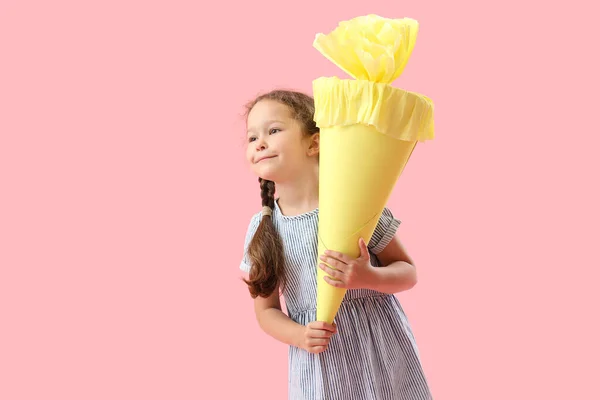 Happy Little Girl Yellow School Cone Pink Background — Stock Photo, Image