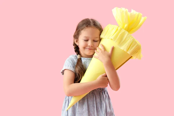 Happy Little Girl Yellow School Cone Pink Background — Stock Photo, Image