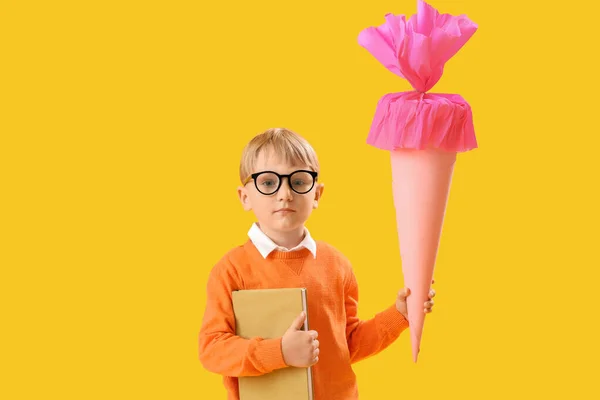 Happy Little Boy Eyeglasses Pink School Cone Book Yellow Background — Stock Photo, Image