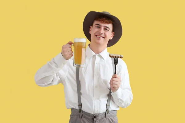 Young Man Traditional German Clothes Beer Sausage Yellow Background — Stock Photo, Image