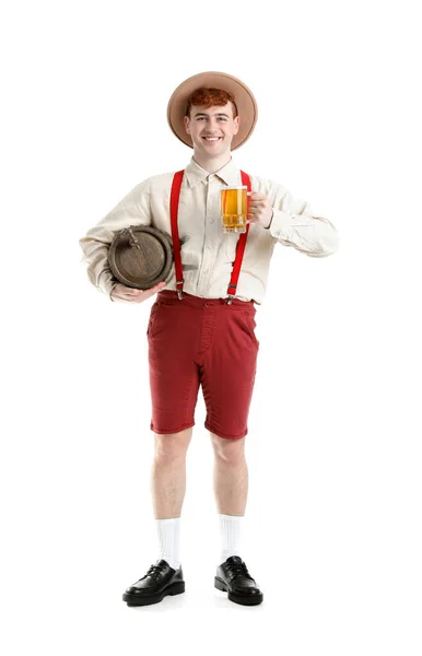 Молодий Чоловік Традиційному Німецькому Одязі Пивом Білому Тлі — стокове фото