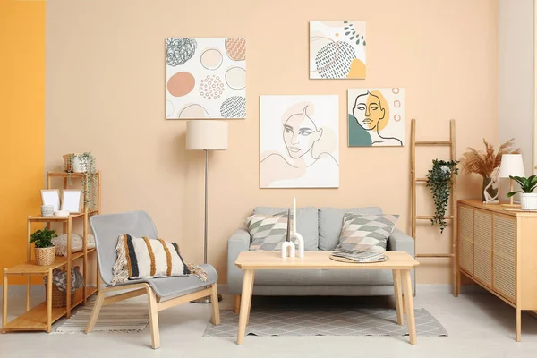 Modern Living Room Interior Grey Sofa Armchair Shelving Unit — Stock Photo, Image