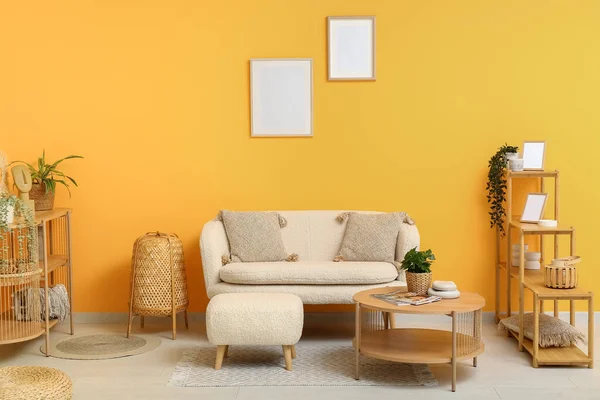 Modern Living Room Interior Comfortable White Sofa Shelving Units Wooden — Stock Photo, Image