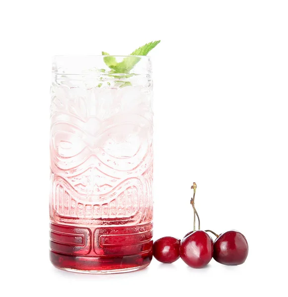 Glass Tasty Cherry Lemonade Mint White Background — Stock Photo, Image
