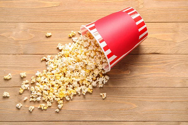 Bucket Tasty Popcorn Wooden Background — Stock Photo, Image