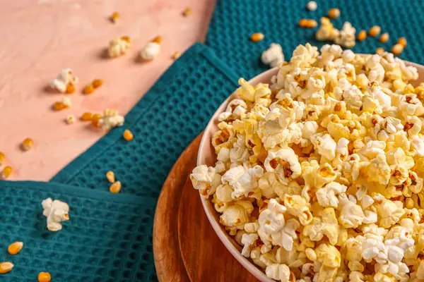 Bowl Tasty Popcorn Seeds Pink Background — Stock Photo, Image
