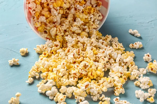 Bucket Tasty Popcorn Blue Background — Stock Photo, Image