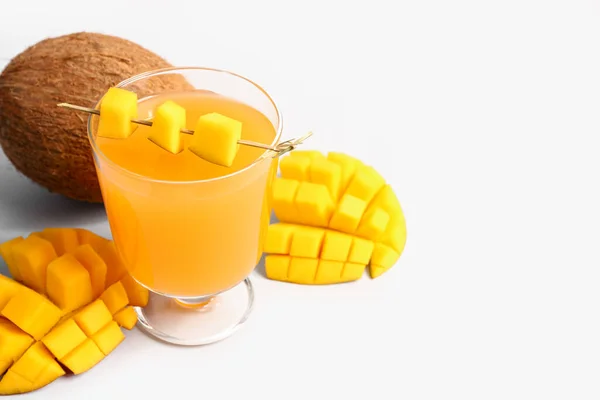 Glass Fresh Mango Juice Coconut White Background — Stock Photo, Image