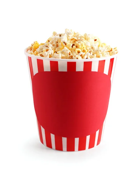 Emmer Met Lekkere Popcorn Witte Achtergrond — Stockfoto
