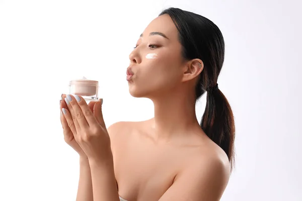 Beautiful Asian Woman Facial Cream White Background — Stock Photo, Image