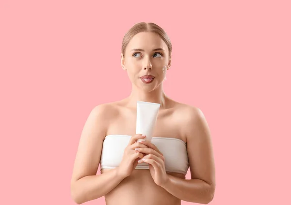Funny Young Woman Cream Her Face Pink Background — Stock Photo, Image