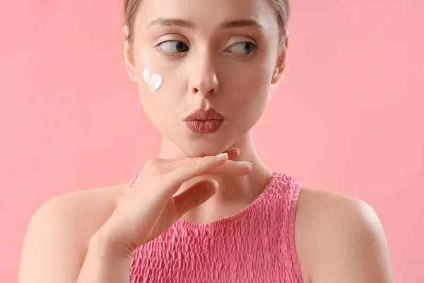 Cute Young Woman Heart Made Cream Her Face Pink Background — Stock Photo, Image