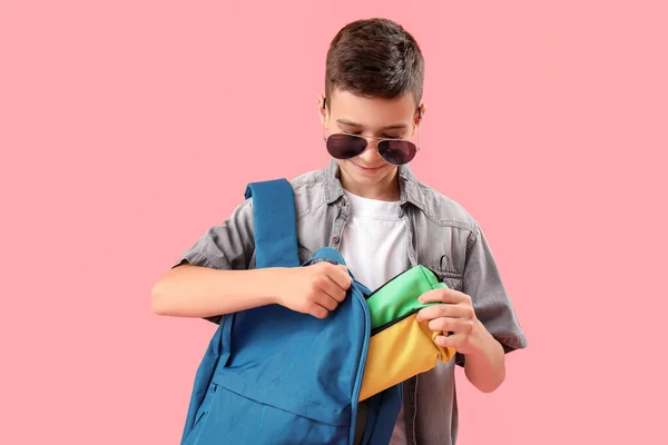 Little Schoolboy Backpack Pencil Cases Pink Background — Stock Photo, Image
