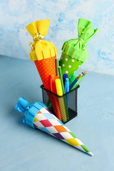 Colorful School Cones Stationery Grunge Blue Background — Stock Photo, Image