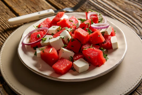 Plate Tasty Watermelon Salad Wooden Background — Stock Photo, Image