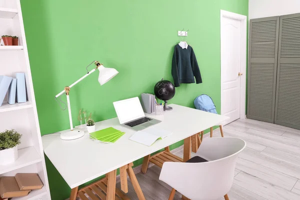 Workplace Desk Laptop Computer Lamp Stylish School Uniform Hanging Green — Stock Photo, Image