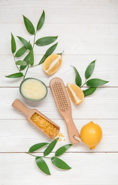 Bowl Lemon Body Scrub Massage Brush Sea Salt White Wooden — Stock Photo, Image