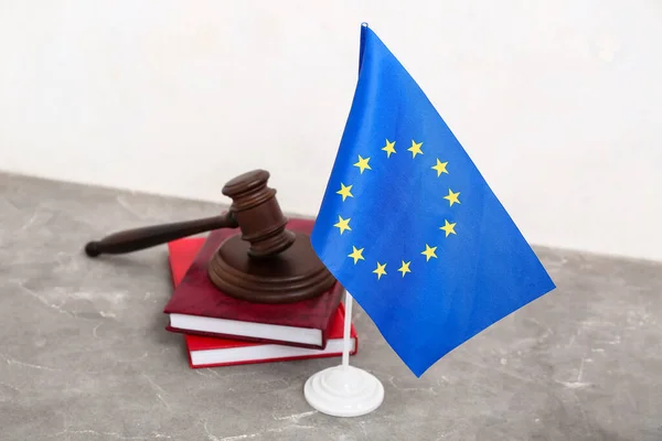 Judges Gavel Law Books Flag European Union Grey Table — Stock Photo, Image
