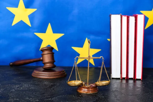 Judge Gavel Scales Justice Books Black Table European Union Flag — Stock Photo, Image